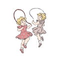 Two girlfriends jump on skipping rope. Royalty Free Stock Photo